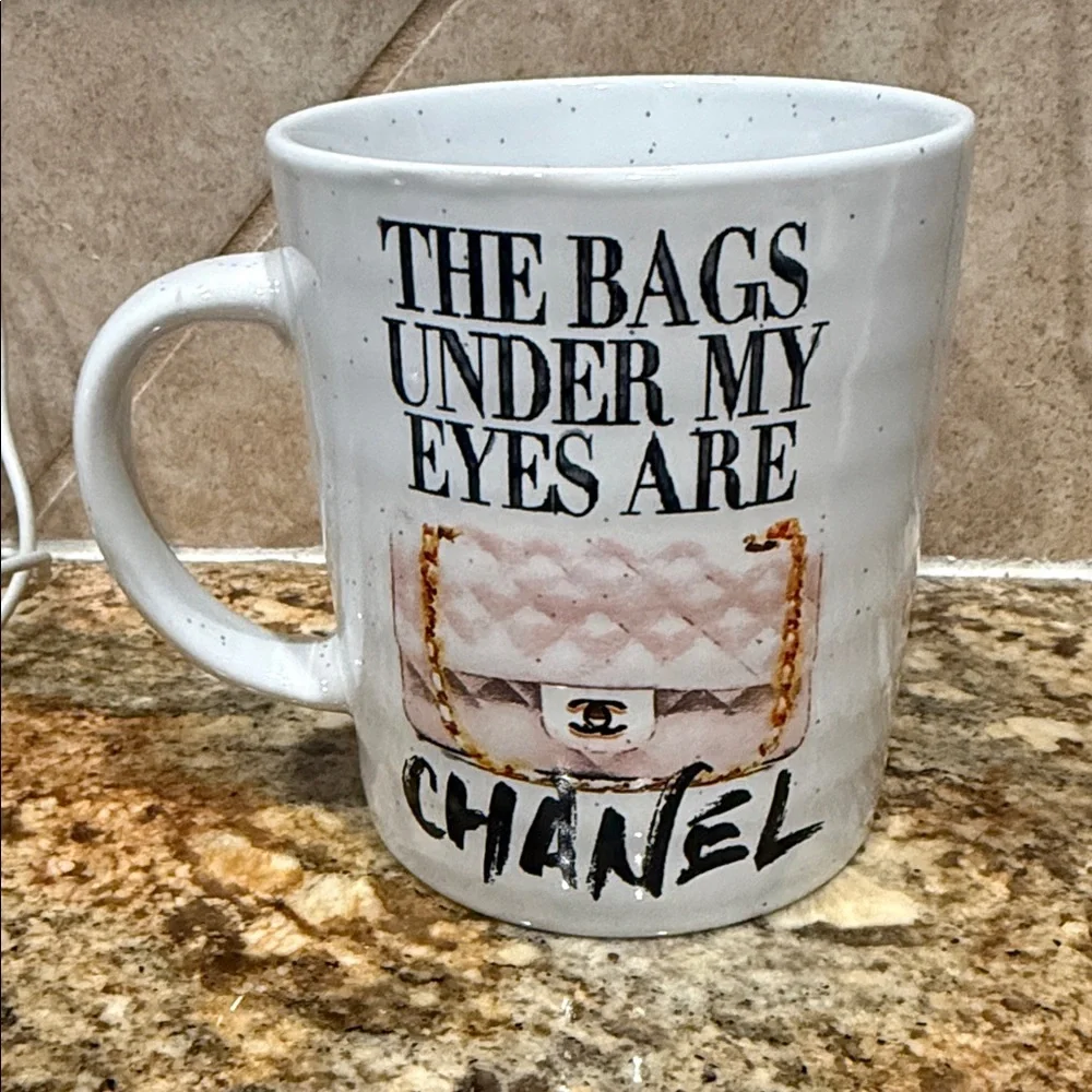 CHANEL (inspired) White Mug with Black Text and Pink Bag Design - Picture 2 of 2